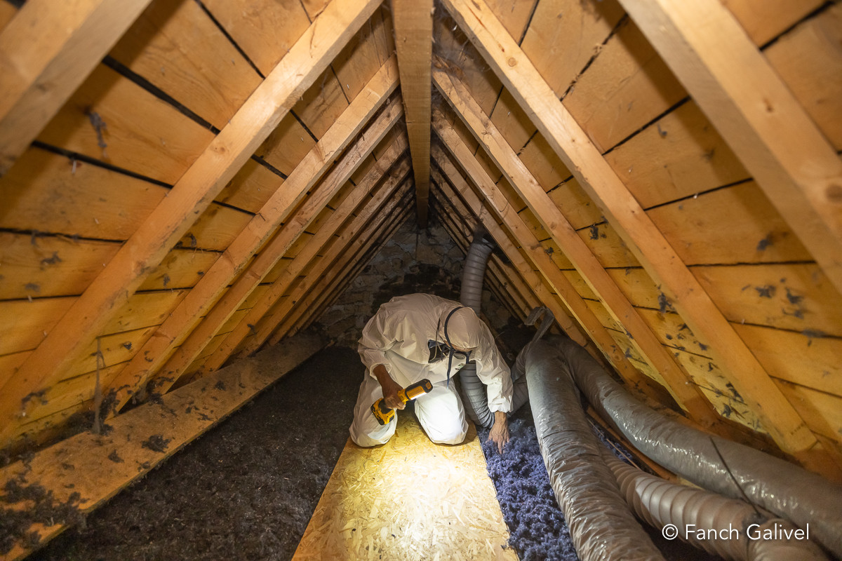 Vérification de la hauteur d'isolant ( laine de coton ) soufflé dans les combles d'une habitation de Locoal-Mendon. Entreprise Ty'iso